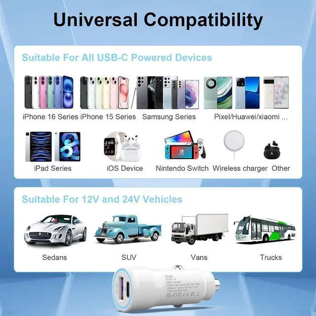 Alt view image 7 of 7 - iPhone 16 Car Charger - 2Pack 48W PD&QC4.0 Dual Port USB C Car Charger Adapter with USB C to C Cable for iPhone 16/15 Series  Galaxy Series iPad Pro AirPods Pixel and More