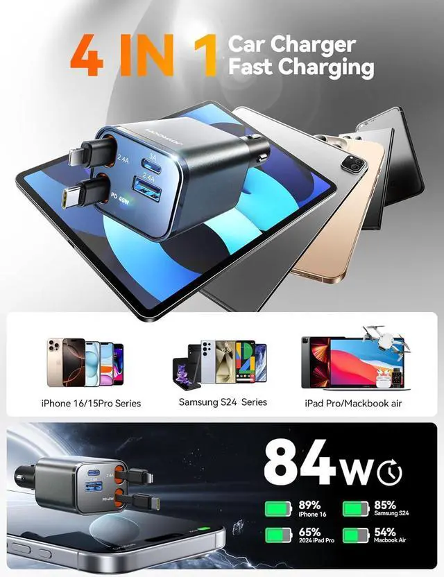 Alt view image 4 of 7 - [2025 Ultra-Compact] JOYROOM Retractable Car Charger 84W Car Charger USB C for iPhone 16 Fast Charging, Car Accessories, Car Adapter Travel Essentials Gifts for Women Men, for iPhone 16 15 14 13 12