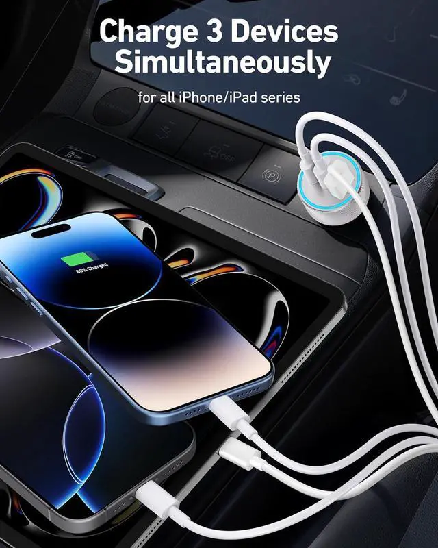 Alt view image 4 of 7 - [MFi Certified] iPhone Fast Car Charger 3-Port 67W USB C Car Charger Super Fast Charging Cigarette Lighter Adapter with 3FT USB-C to Lightning Cable for iPhone 14/13/12/11/Pro Max/XS/XR/X/SE iPad