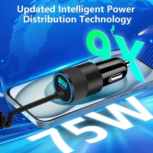Alt view image 3 of 7 - MFi CertifiediPhone 16 Car Charger Fast Charging 75W USB C PD&QC Car Power Cigarette Lighter USB Charger with 6FT Type C Coiled Cable for iPhone 16/16 Pro Max/15 Pro/Galaxy S25/S24/Pixel