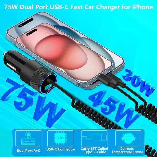 Alt view image 6 of 7 - MFi CertifiediPhone 16 Car Charger Fast Charging 75W USB C PD&QC Car Power Cigarette Lighter USB Charger with 6FT Type C Coiled Cable for iPhone 16/16 Pro Max/15 Pro/Galaxy S25/S24/Pixel