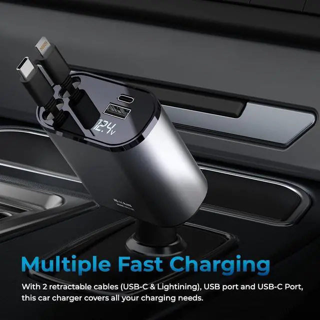 Alt view image 2 of 6 - 4-in-1 Retractable Fast Charger for Cars: 100W Car USB-C & iPhone Cable USB-C/A Ports - Compatible with iPhone Galaxy Pixel and More.