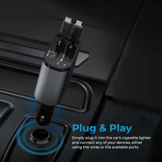 Alt view image 3 of 6 - 4-in-1 Retractable Fast Charger for Cars: 100W Car USB-C & iPhone Cable USB-C/A Ports - Compatible with iPhone Galaxy Pixel and More.