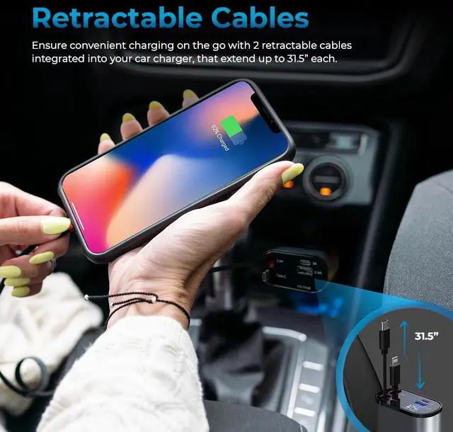Alt view image 4 of 6 - 4-in-1 Retractable Fast Charger for Cars: 100W Car USB-C & iPhone Cable USB-C/A Ports - Compatible with iPhone Galaxy Pixel and More.
