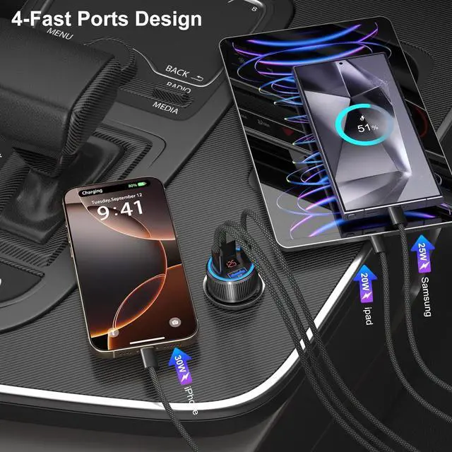 Alt view image 3 of 7 - 65W 4 Port Super Fast Type C Car Charger USB C for  S25 S24 S23 Ultra A53 A16 iPhone 16 15 PD/QC 3.0 Fast Charging 12V Car Cigarette Lighter Adapter with Voltage Meter+4 Pack USB-C Cables