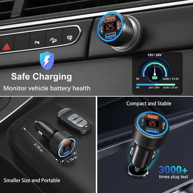 Alt view image 4 of 7 - 65W 4 Port Super Fast Type C Car Charger USB C for  S25 S24 S23 Ultra A53 A16 iPhone 16 15 PD/QC 3.0 Fast Charging 12V Car Cigarette Lighter Adapter with Voltage Meter+4 Pack USB-C Cables