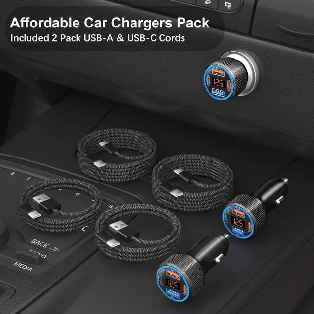 Alt view image 5 of 7 - 65W 4 Port Super Fast Type C Car Charger USB C for  S25 S24 S23 Ultra A53 A16 iPhone 16 15 PD/QC 3.0 Fast Charging 12V Car Cigarette Lighter Adapter with Voltage Meter+4 Pack USB-C Cables