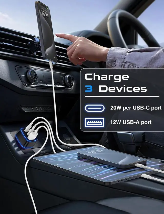 Alt view image 5 of 7 - USB C Car Charger 3 Port PD Super Mini Cigarette Lighter Adapter 2Pack USB-C & A Fast Car Charging for iPhone 16/15 Pro Max Galaxy S25/S24 iPad Pixel Android Phones Travel Essentials for Men