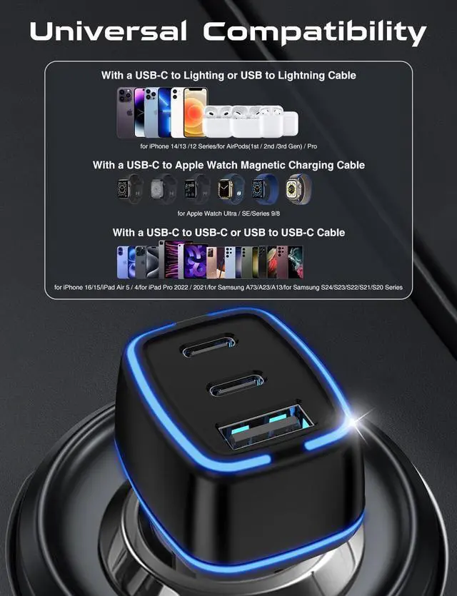 Alt view image 7 of 7 - USB C Car Charger 3 Port PD Super Mini Cigarette Lighter Adapter 2Pack USB-C & A Fast Car Charging for iPhone 16/15 Pro Max Galaxy S25/S24 iPad Pixel Android Phones Travel Essentials for Men