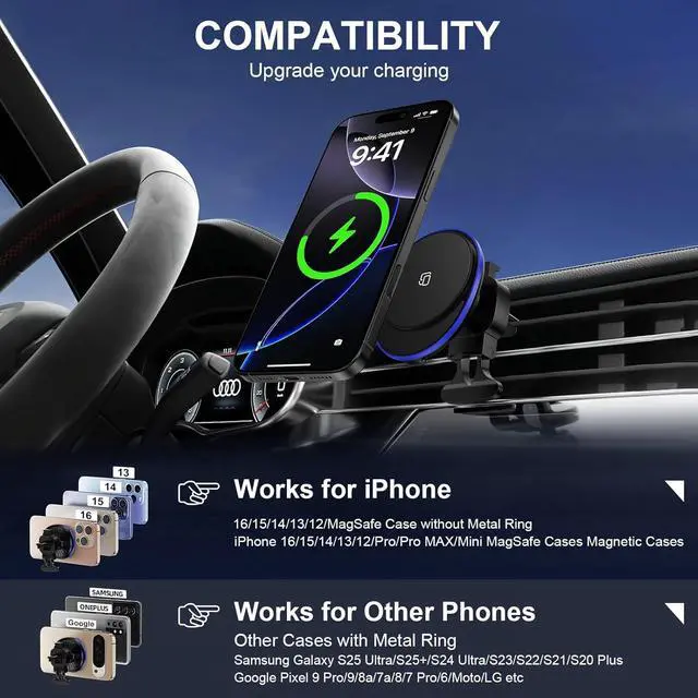 Alt view image 5 of 7 - Wireless Car Mount Charger Magnetic Charger for  Galaxy S25 Ultra S24 Plus S23 FE S22 S21 S20 S10/15W Fast Air Vent Auto Phone Magsafe Wireless Car Charge for iPhone 16e 16 Pro Max 15 14 13 12