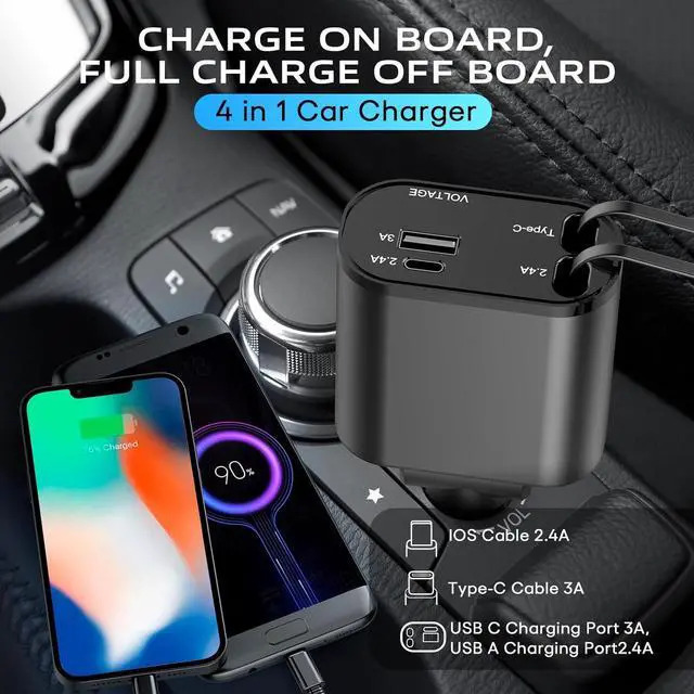 Alt view image 3 of 7 - Retractable Car Charger 4 in 1 Fast Charger Car Adapter with Retractable Cables and Dual USB Ports for Smartphones Galaxy S23 MacBook Pro iPad Air and More Black Grey PT-16
