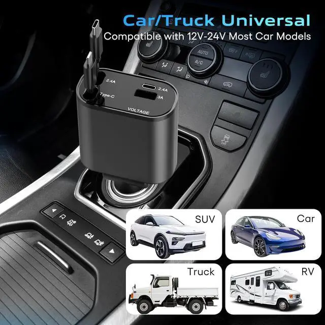 Alt view image 4 of 7 - Retractable Car Charger 4 in 1 Fast Charger Car Adapter with Retractable Cables and Dual USB Ports for Smartphones Galaxy S23 MacBook Pro iPad Air and More Black Grey PT-16