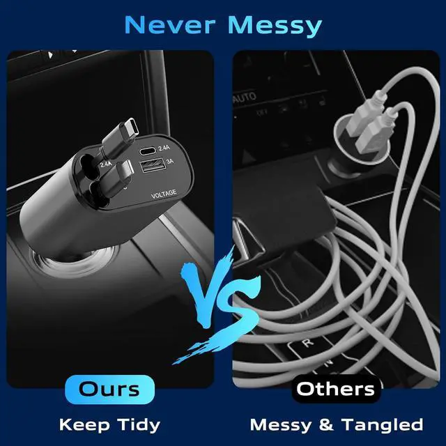 Alt view image 5 of 7 - Retractable Car Charger 4 in 1 Fast Charger Car Adapter with Retractable Cables and Dual USB Ports for Smartphones Galaxy S23 MacBook Pro iPad Air and More Black Grey PT-16