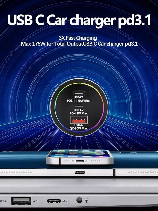 Alt view image 2 of 7 - 175W Car Charger Adapter Super Fast Charging PD3.1 140W/PD3.0 100W PPS45W QC3.0+PD 35W PPS25W+30W for iPhone 16 15 14 Max Galaxy S24/23/22 iPad MacBook Pro Air Type-C Laptop Pixel (1)