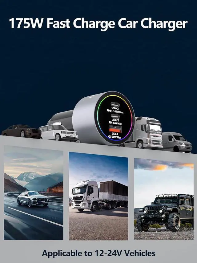 Alt view image 7 of 7 - 175W Car Charger Adapter Super Fast Charging PD3.1 140W/PD3.0 100W PPS45W QC3.0+PD 35W PPS25W+30W for iPhone 16 15 14 Max Galaxy S24/23/22 iPad MacBook Pro Air Type-C Laptop Pixel (1)