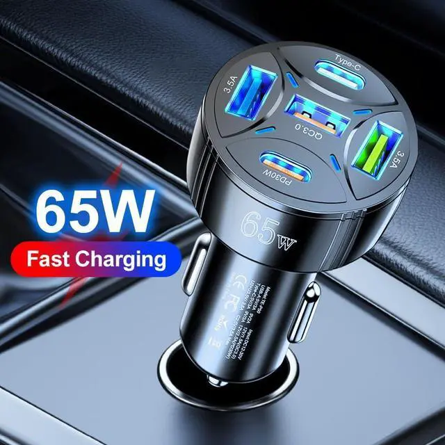 Alt view image 2 of 7 - USB C Car Charger 65W 5-in-1 Multi Port PD30W &QC3.0 Super Fast Charging Cigarette Lighter USB Charger for iPhone/Android//iPad Pro and More (Black)