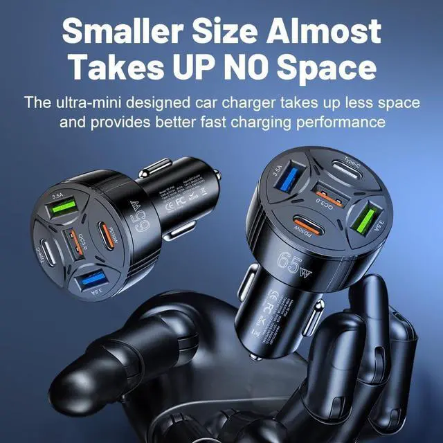 Alt view image 4 of 7 - USB C Car Charger 65W 5-in-1 Multi Port PD30W &QC3.0 Super Fast Charging Cigarette Lighter USB Charger for iPhone/Android//iPad Pro and More (Black)