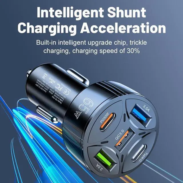 Alt view image 3 of 7 - USB C Car Charger 65W 5-in-1 Multi Port PD30W &QC3.0 Super Fast Charging Cigarette Lighter USB Charger for iPhone/Android//iPad Pro and More (Black)