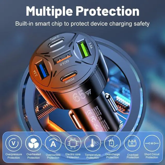 Alt view image 5 of 7 - USB C Car Charger 65W 5-in-1 Multi Port PD30W &QC3.0 Super Fast Charging Cigarette Lighter USB Charger for iPhone/Android//iPad Pro and More (Black)