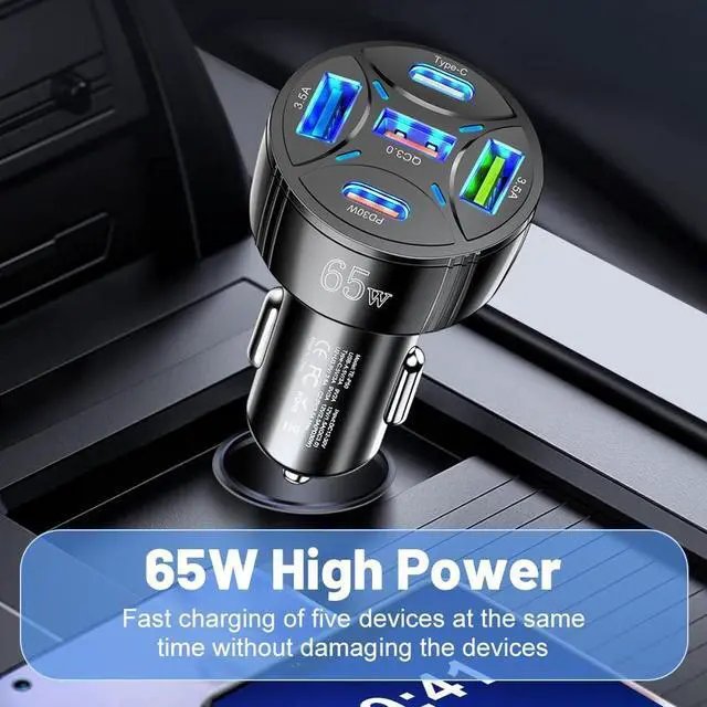 Alt view image 6 of 7 - USB C Car Charger 65W 5-in-1 Multi Port PD30W &QC3.0 Super Fast Charging Cigarette Lighter USB Charger for iPhone/Android//iPad Pro and More (Black)