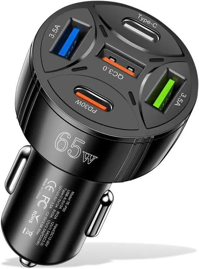 Alt view image 7 of 7 - USB C Car Charger 65W 5-in-1 Multi Port PD30W &QC3.0 Super Fast Charging Cigarette Lighter USB Charger for iPhone/Android//iPad Pro and More (Black)