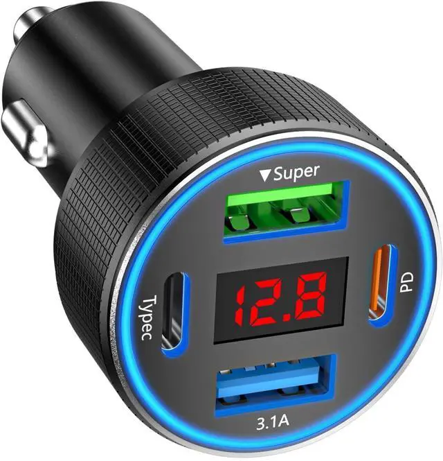 Main image of Car Charger USB C, 78W 4 Port Fast Charging Car Phone Charger Adapter, Dual USB-C & USB-A Cigarette Lighter Adapter with Voltmeter Type C Vehicle Accessories for iPhone 16 15, iPad, Samsung, Android