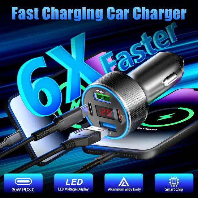 Alt view image 2 of 7 - Car Charger USB C, 78W 4 Port Fast Charging Car Phone Charger Adapter, Dual USB-C & USB-A Cigarette Lighter Adapter with Voltmeter Type C Vehicle Accessories for iPhone 16 15, iPad, Samsung, Android