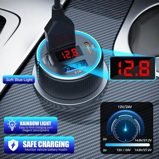 Alt view image 4 of 7 - Car Charger USB C, 78W 4 Port Fast Charging Car Phone Charger Adapter, Dual USB-C & USB-A Cigarette Lighter Adapter with Voltmeter Type C Vehicle Accessories for iPhone 16 15, iPad, Samsung, Android