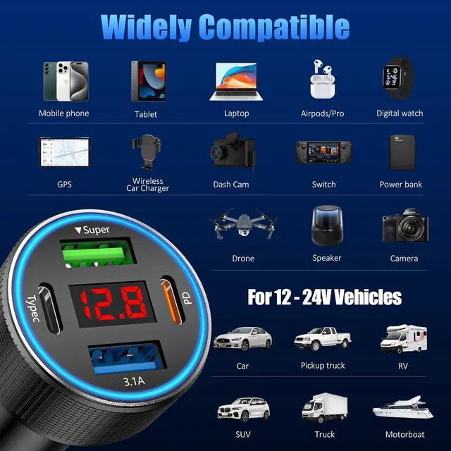 Alt view image 7 of 7 - Car Charger USB C, 78W 4 Port Fast Charging Car Phone Charger Adapter, Dual USB-C & USB-A Cigarette Lighter Adapter with Voltmeter Type C Vehicle Accessories for iPhone 16 15, iPad, Samsung, Android