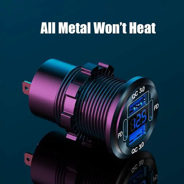 Alt view image 3 of 7 - 78W 12V USB Outlet 4 Port Car Charger Socket, Dual PD USB C and Dual Quick Charge 3.0 Port Aluminum Charger with Voltmeter DIY Kit Waterproof for Car Boat Marine Motorcycle RV ATV Truck Golf Cart, etc