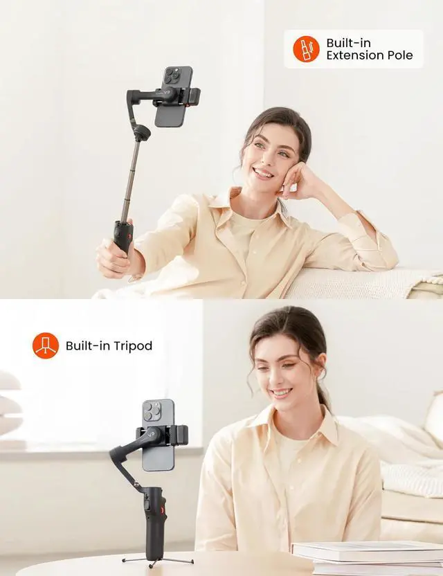 Alt view image 5 of 7 - Hohem iSteady V3 Gimbal Stabilizer for Smartphone 3-Axis Stabilization with AI Tracker Detachable Remote Control Built-in Extension Rod and Tripod Portable and Foldable Video Recording Black