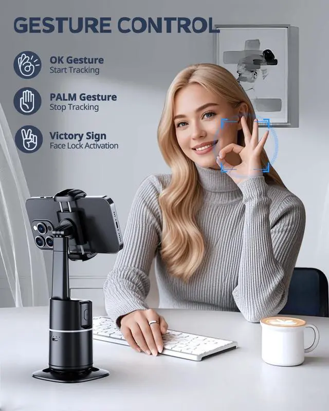 Alt view image 3 of 7 - Auto Face Tracking Tripod with Adjustable Desk Tripod 360° Rotating vlogging kit for iPhone with Remote & Gesture Control Rechargeable Selfie Fill Light No App Required