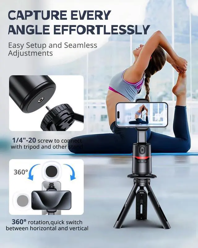 Alt view image 4 of 7 - Auto Face Tracking Tripod with Adjustable Desk Tripod 360° Rotating vlogging kit for iPhone with Remote & Gesture Control Rechargeable Selfie Fill Light No App Required