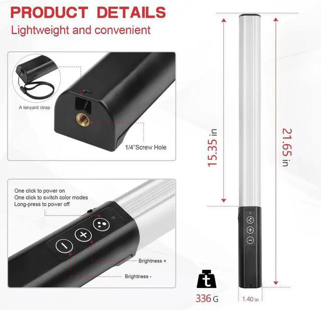 Alt view image 3 of 7 - RGB Photography Light Wand Handheld LED Video Light 9 Colors with Built-in Rechargable Battery and Remote Control 1000 Lumens Adjustable 3200K-5600K