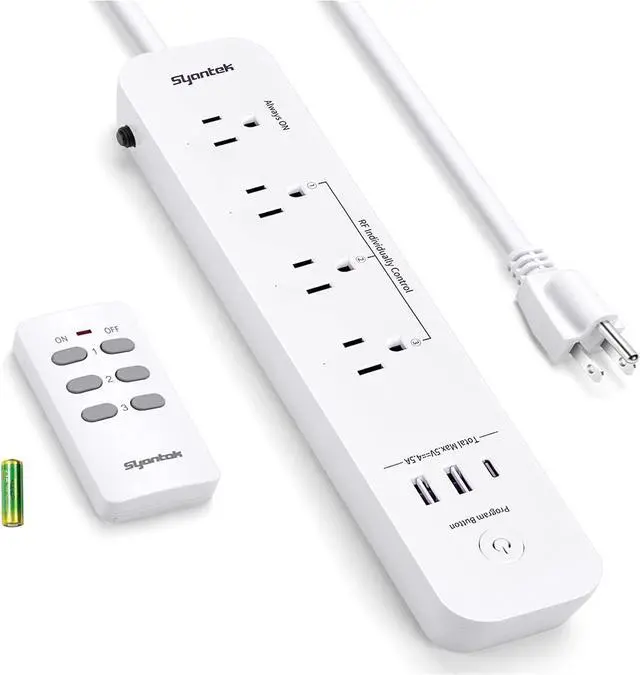 Main image of Remote Control Power Strip with 3 USB Surge Protector Power Strip with 3 RF Controlled Outlets 5ft Extension Cord 15A/1875W Remote Control Outlet for Household and Workstation Appliances