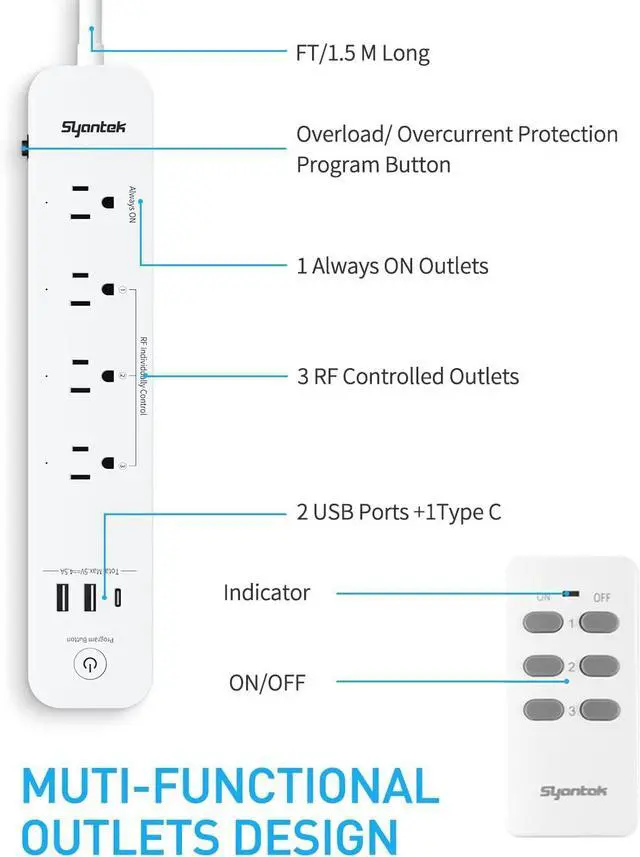 Alt view image 2 of 7 - Remote Control Power Strip with 3 USB Surge Protector Power Strip with 3 RF Controlled Outlets 5ft Extension Cord 15A/1875W Remote Control Outlet for Household and Workstation Appliances