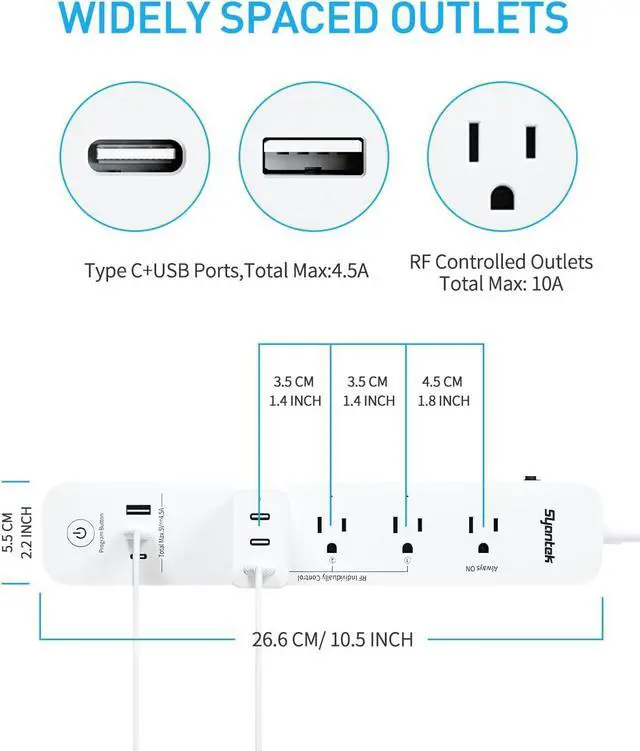 Alt view image 3 of 7 - Remote Control Power Strip with 3 USB Surge Protector Power Strip with 3 RF Controlled Outlets 5ft Extension Cord 15A/1875W Remote Control Outlet for Household and Workstation Appliances