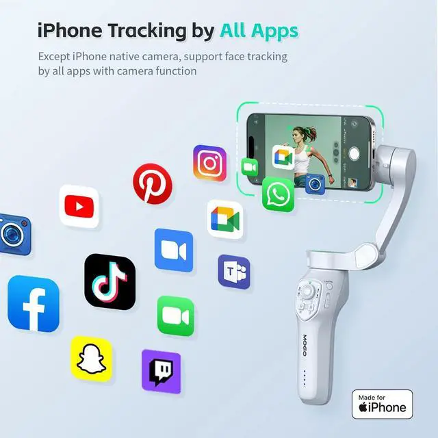 Alt view image 5 of 7 - Only for iPhone, MOGO [Apple MFi Certified] Gimbal Stabilizer with Phone Clamp & RGB Light, Video Gimbal Stabilizer Allows Select Tracking Subject, Gaze-Tracking for iPhone 16 15 Pro Max