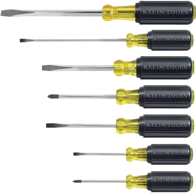 Main image of Klein Tools 85076 Screwdriver Set Made in USA Slotted and Phillips Screwdrivers with Non-Slip Cushion-Grip Handles and Tip-Ident 7-Piece