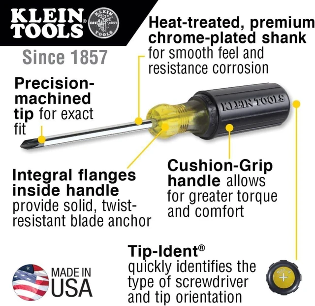 Alt view image 3 of 5 - Klein Tools 85076 Screwdriver Set Made in USA Slotted and Phillips Screwdrivers with Non-Slip Cushion-Grip Handles and Tip-Ident 7-Piece