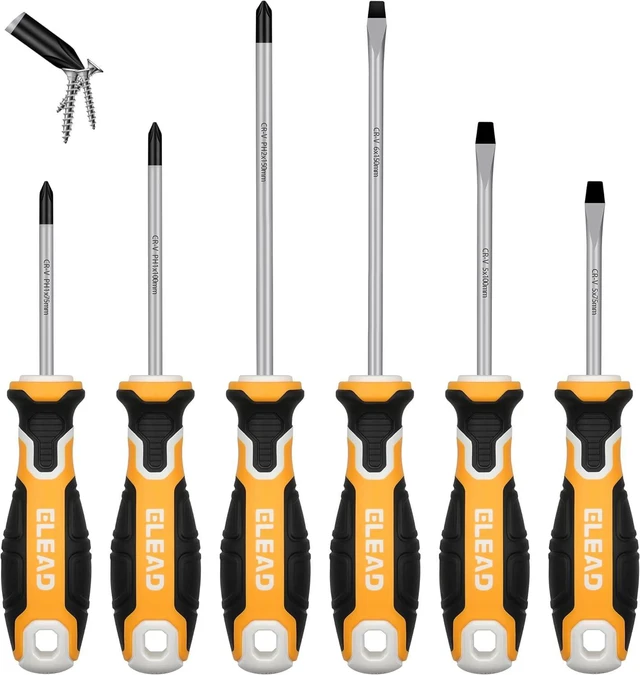 Main image of 6-Piece Magnetic Screwdrivers Set 3 Phillips and 3 Slotted Tips Professional Cushion Grip Screwdriver Set