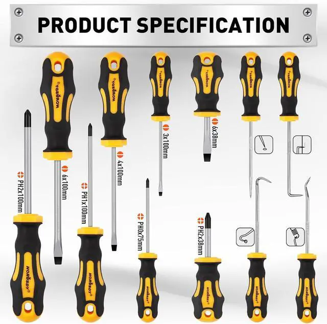 Alt view image 3 of 7 - 13-Pieces Screwdriver Set Magnetic 4 Phillips and 4 Flat Head Tips and Precision Automotive Hook Set for Fastening and Loosening Seized