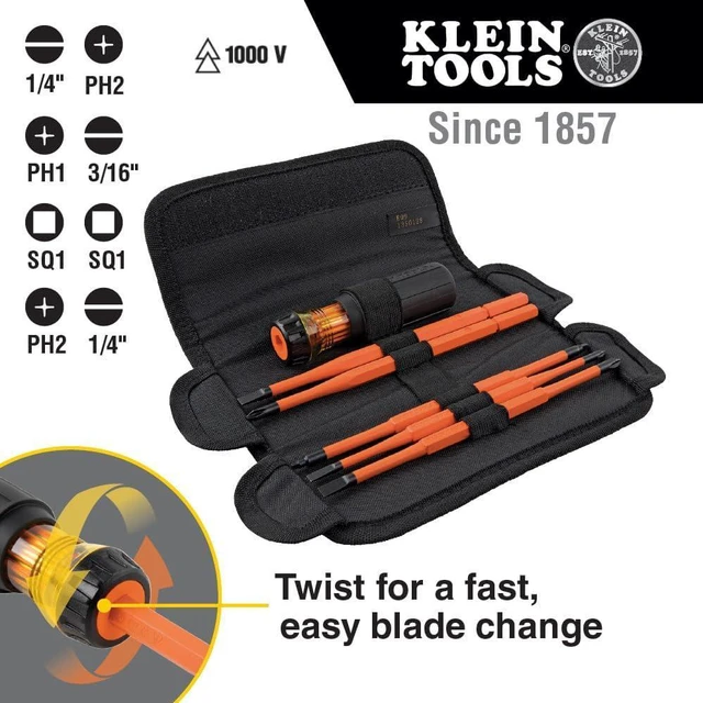 Alt view image 2 of 7 - Klein Tools 32288 Insulated Screwdriver 8-in-1 Screwdriver Set with Interchangeable Blades 3 Phillips 3 Slotted and 2 Square Tips