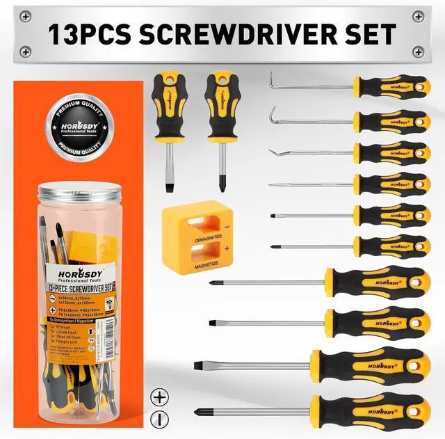 Alt view image 4 of 7 - 13-Pieces Screwdriver Set Magnetic 4 Phillips and 4 Flat Head Tips and Precision Automotive Hook Set for Fastening and Loosening Seized