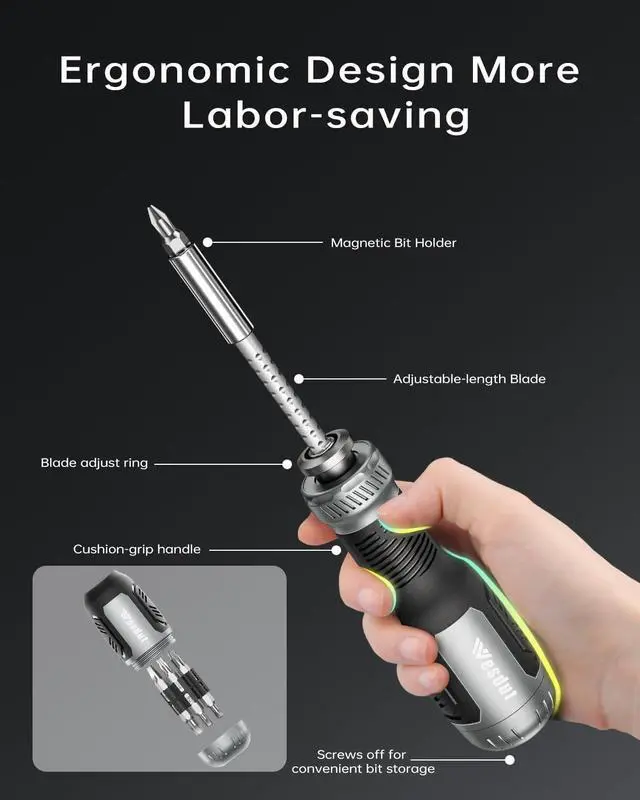 Alt view image 5 of 7 - 13-in-1 Multi-bit Screwdriver Set Tool All in One [Super Durable] Screw Driver Set Kit Flat Head Philips Torx Hex Square Repair Kit Man Gift Nut Driver