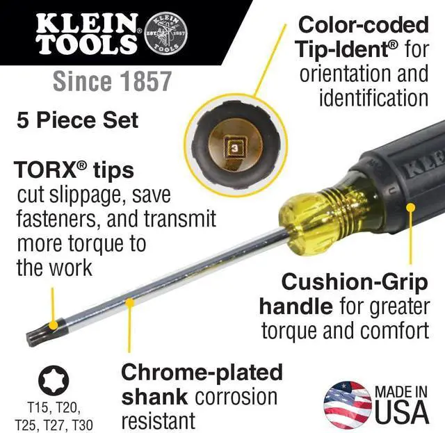 Alt view image 2 of 6 - 19555 TORX Cushion Grip Screwdriver Set Made in USA T15 T20 T25 T27 and T30 Tip sizes 5-Piece
