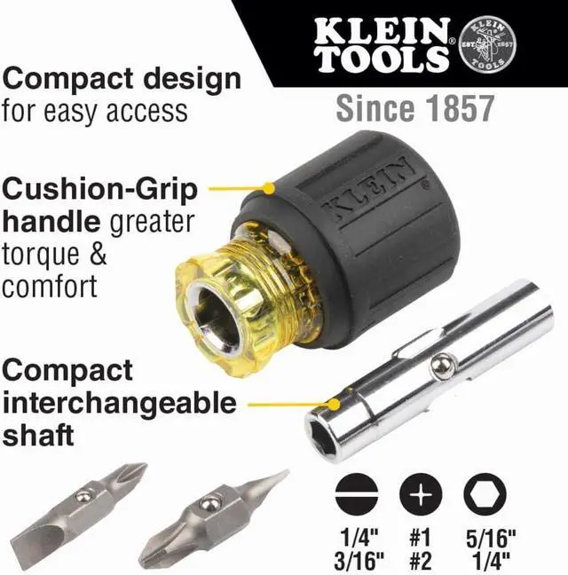 Alt view image 2 of 7 - 32561 Multi-Bit Screwdriver / Nut Driver 6-in-1 Stubby Screwdriver with 2 Phillips 2 Slotted 2 Nut Drivers
