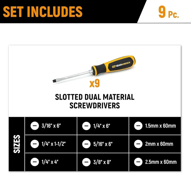Alt view image 7 of 7 - 9 Piece Slotted Screwdriver Set