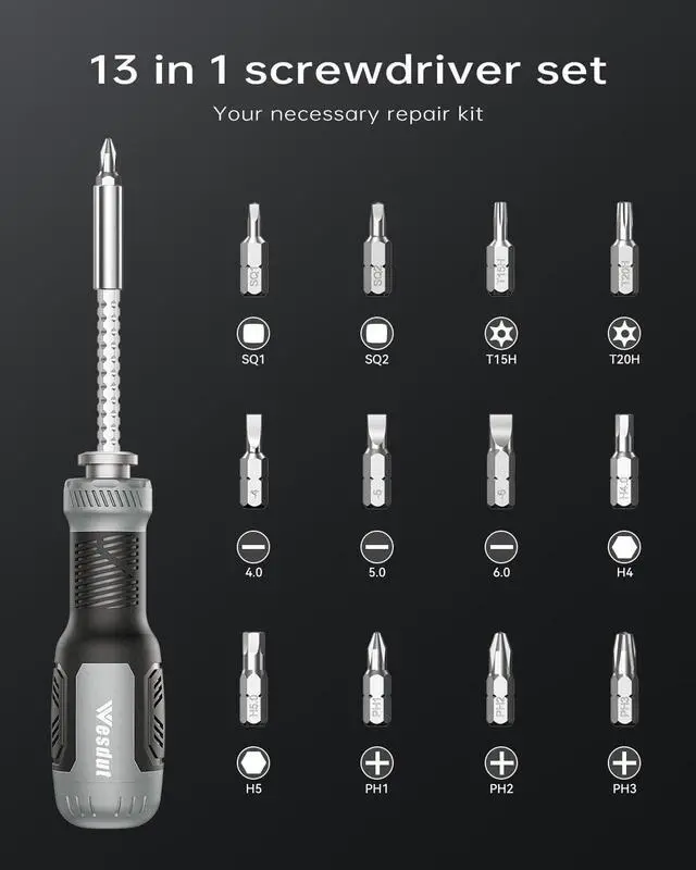 Alt view image 2 of 7 - 13-in-1 Multi-bit Screwdriver Set Tool All in One [Super Durable] Screw Driver Set Kit Flat Head Philips Torx Hex Square Repair Kit Man Gift Nut Driver