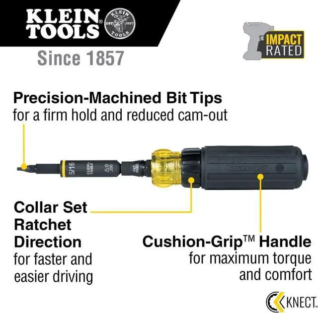 Alt view image 2 of 6 - Klein Tools 32500HDRT KNECT Ratcheting Screwdriver Multi-Bit Screwdriver / Nut Driver Impact Rated 11-in-1 Tool with Phillips Slotted Square and Torx Tips